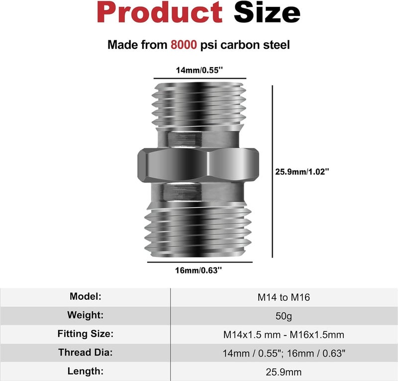 joytrace 2Pcs M14 to M16 Carbon Stee Fittings Adapters for Mini Excavator Hydraulic Hose Pipe Thread Connector Compatible with AGT、FF Industries、VICSEC、Miva、Machpro、TPM - Image 2